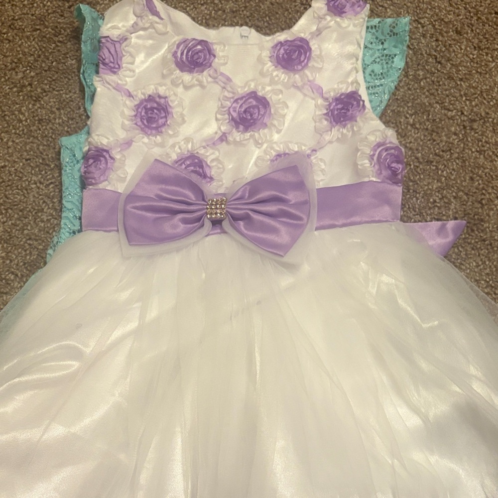 Girls White Tulle Dress with Lavender Rose Accents